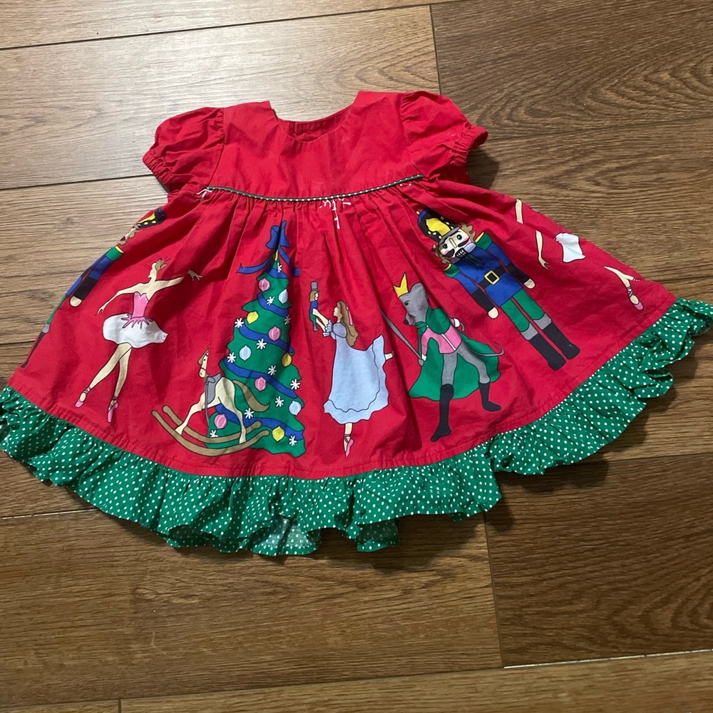 Eleanor Rose Puffsleeve Nutcracker Ballet Print Dress  Green Polka Dot Ruffle